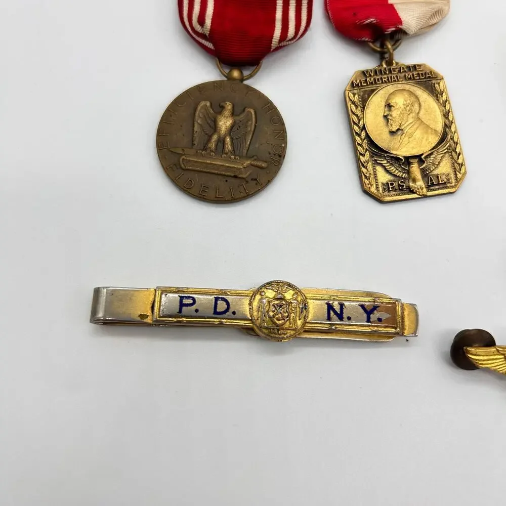 Vintage Medal & Tie Bar Lot PDNY NYPD Wingate DB Sterling Bar Propeller Pin 30s